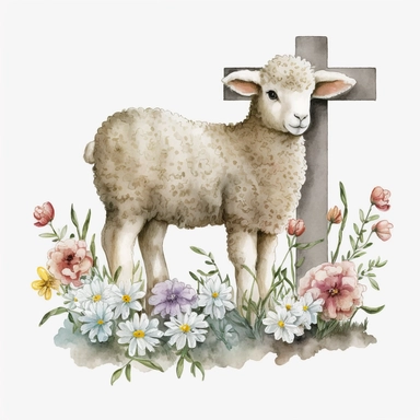 watercolor Easter cross, cute lamb with two ears and four legs, flowers, Easter element, clipart, on white background