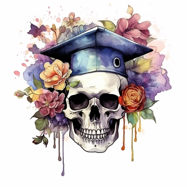 a skull with many different flowers and graduation cap, in watercolor style, color splash, clipart