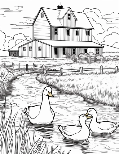 Country Farm Coloring Book Page for adults, black and white, Ducks swimming in a pond, clipart, line art, thick outline, black outline and white fill,
