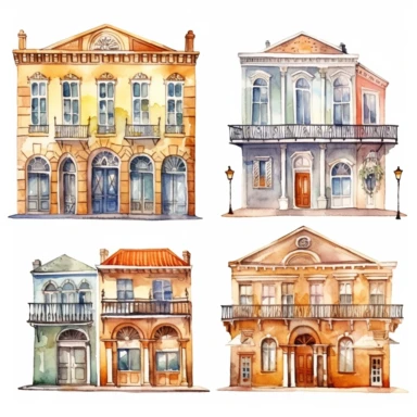 watercolor New Orleans French quarter style buildings, illustrations clipart set, simple, , cartoon elements ,different variants , separate elements with a margin
