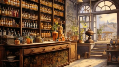 illustration, realistic interior of a vintage kolkata 1896 perfumery and pharmacy with some perfume bottle boxes incense boxes, atmospheric sunset lighting, Clipart, watercolor, realistic, full building, highly detailed, hdr, 32K, photo expert quality, watercolor realistic, hyperrealistic and highly detailed