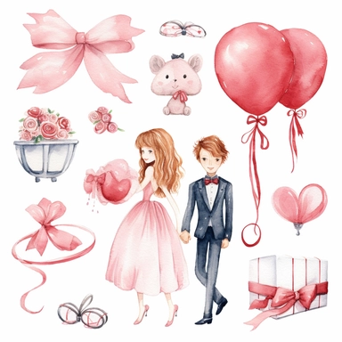 Wedding rings tied with a ribbon, cute wedding illustrations clipart set, ILLUSTRATIONS FOR THE BOOK, cartoon elements, different variants, girl with long hair in a wedding veil, wedding, husband and wife Love, Hearts balloons, veil, garland, wooden elements, sit on a bench, on the car, white transparent background separate elements with a margin Watercolor