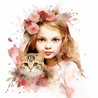 watercolour clipart of a girl the delicate and determined soul, has a deep affection for cats. She meticulously crafts digital designer papers and breathes life into digital journaling pages. Her finesse and devotion to her work are truly extraordinary. Her art is a testament to her unwavering pursuit of beauty and excellence, make her smiling, exalted mood, white background, 8k, f1
