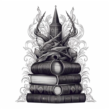 Create an impressive clipart of a clean, dark wizard's book stack on a pure white background. The design should incorporate elements of the gothic and fantasy genres, with dark hues and ornate designs on the books' spines. The lighting should be moody and shadowy, with a focus on the intricate details of the books' covers. The book stack should be perfectly symmetrical to create a sense of order and balance. Use a macro lens to capture the intricate details of the books' designs and play with th
