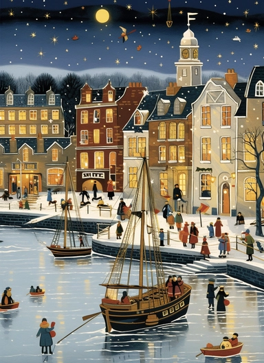 christmas and harbour clipart clipart, in the style of andrew macara, light gold and indigo, alan kenny, gari melchers, contrasting, pictorial space, cartoon mis-en-scene