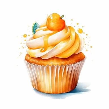 on white background cute and vibrant clipart featuring orange cupcake in watercolor style, hyper realistic photo flat color