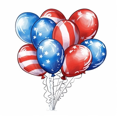 American patriotic flag balloons clipart illustration, centred, vibrant colors, red, white and blue, add the flag, on a white background, no watermark, no logo, no writing