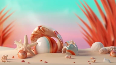 3d abstract summer nature beach object clipart with Gradient Color Overlay Background, minimal, soft color, artistic, high resolution, 8K, Canon 5d Mark IV 35mm IS F1.4 lens,