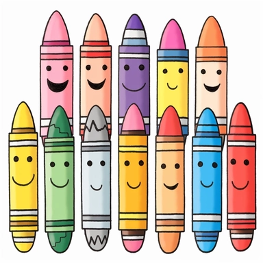 Ignite your creativity with a charming cartoon clipart featuring a lineup of 10 crayons in various colors against a clean white background. Picture each crayon as a playful character, radiating with its unique pastel color. Use a soft and soothing pastel color palette, including shades like blush pink, baby blue, mint green, lavender, and buttery yellow, to bring the crayons to life. Arrange them in a neat line, showcasing their vibrant hues and adding a touch of organization to the clipart. Let