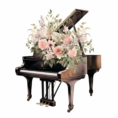 baby grand piano spring floral clipart, white background