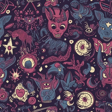 Comical Occult Creatures: Design a pattern that showcases the lighter side of satanic creatures and symbols using a humorous clipart style. Focus on capturing the amusing characteristics of characters like Baphomet wearing a party hat, a skateboarding demon, or a vampire sipping a cocktail. Employ a diverse range of colors, from dark, moody shades to vibrant, eye-catching hues, to create a visually captivating and entertaining composition.