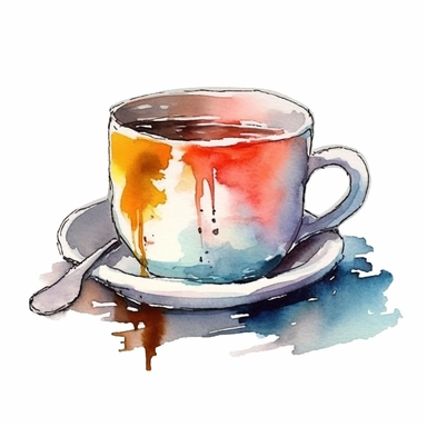 a cup of coffee in a white coffee mug in the style of watercolour clipart with detailed brush strokes