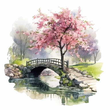A serene watercolor blossoming cherry tree in full bloom, delicate pink petals cascading like confetti, sunlight filtering through the branches, reflecting on a tranquil pond, surrounded by a small stone bridge and lush green grass, evoking a sense of calm and joy, Watercolor diary, using soft, transparent washes and fine brush strokes, clipart, 16:9