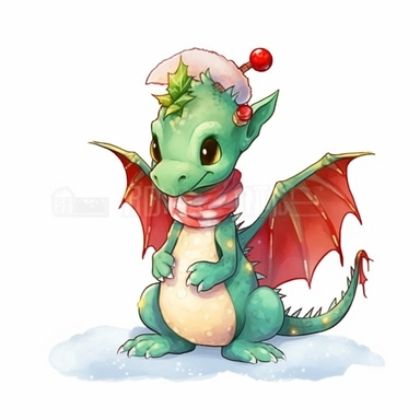 watercolor dragon christmas character clipart on white background, flat design, watercolor bright high resolution