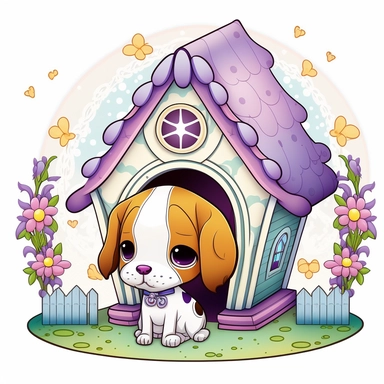clipart with white background of a doghouse in the style of mystical fantasy, magical, kawaii style