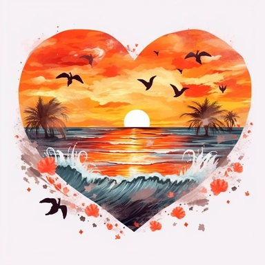 Retro Heart Beach Sunset Watercolor Clipart, Watercolor Beach Sunset in a Heart Shape Clipart, Beach Clipart, sand, starfish, Watercolor Clipart, highly detailed, plain white background 8k