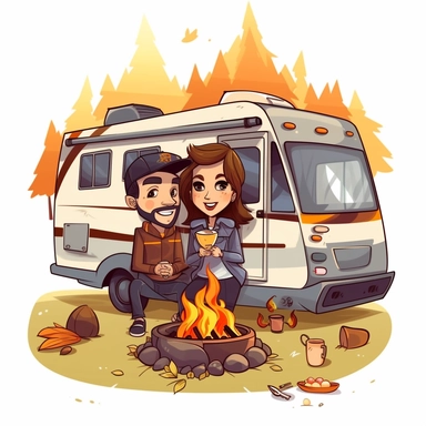 cartoon, clipart, couple at campground with grass, forest and campfire by class c winnebago american motorhome in chibi style no background 300dpi