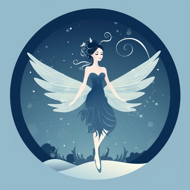 Create a cartoon-style clipart of a delicate sylph kissed by the sky, featuring translucent wings that evoke an ethereal quality. The sylph should have a graceful pose, and the sky behind her should be a gradient of blue hues, conveying a sense of wonder and whimsy. The lines of the drawing should be clean and distinct, and the high-contrast white background should make the sylph and sky stand out. This clipart would be ideal for use in a range of creative projects, from children's books to grap
