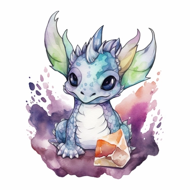 On a white background, design a stunning Watercolour Colourful Fantasy cute baby Dragon clipart graphic with intricate details of a cute face and an enchanting crystal design, highlighting a color palette of dark and mysterious shades reminiscent of a mystical cave