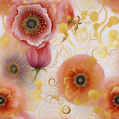 cute doodle flowers and spirals and circles pattern, watercolors and gold glitter watercolor clipart png on white background