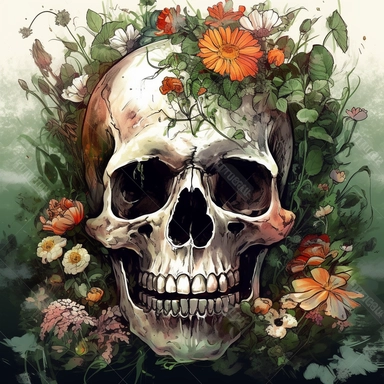 Design a clipart image that showcases a human skull cradled within a lush, blooming flower bed. The flowers should be highly detailed and presented in a vivid watercolor style, drawing inspiration from Enki Bilal's art. The juxtaposition of life and decay should be emphasized by the harmonious coexistence of the skull and flowers. Keep the background white to highlight the striking contrast between the elements.