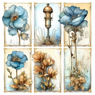 a page of watercolor flowers and street light card collections, set of 4 cliparts, in the style of steampunk-inspired designs, light blue and beige, great contrast, altered and substituted canvases, art arrangement, photographic source, matte, insanely detailed and sharp, some splash with alcohol ink, nouveau réalisme