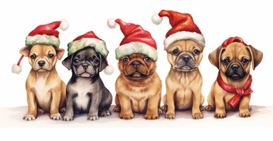 Cute puppies in a line, dressed in cute christmas outfits, playful, vivid colors, white background, ornamental watercolor clipart, I can't believe how beautiful this is
