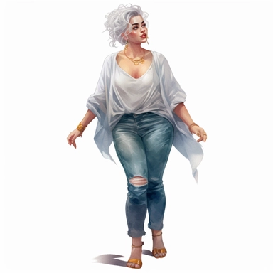 Realistic watercolor full body glamourous fat woman with casual blouse and jeans and heels, beautiful fat woman face with long eyelashes glamourous style, 35 year old lady with grey short hair, clipart, cozy, bright warm colors, 1500x500 pixels, cyberpunk
