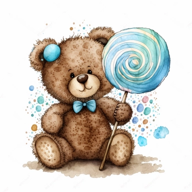 Watercolor brown fluffy jointed plain Teddy Bear clipart, with a propeller beanie hat, holding a blue cartoon swirly lolipop, happy, white back ground, no captions or text