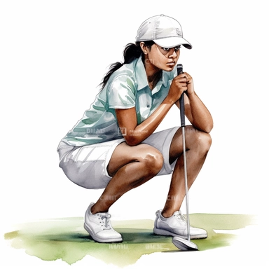 Idyllic watercolor clipart of a young Indian modern female golfer with dark hair in white close fitting sports golf clothes using the putting club on the putting green, isolated on a pure white background, insane detail,