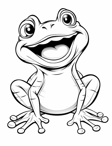 clipart friendly cartoon tree frog, laughing expression in the style of Pierre-Auguste Renior black and white child's coloring book, black and white smooth thick lines, solid white background, no background