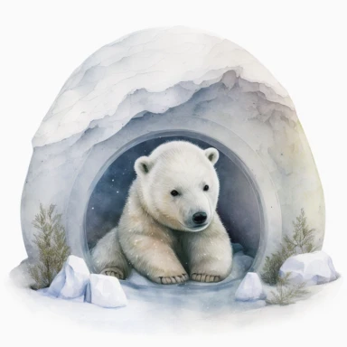 watercolour beautiful cute white baby polar bear with a beautiful cute face with perfect facial features next to igloo in beautiful arctic scene perfect beautifully detailed paws,png image,high resolution,300dpi,graphic clipart,computer graphics