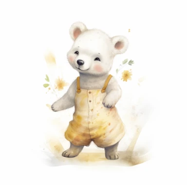 clipart of full body view, of cute joyful happy bear cub, wearing a pinafore dress, soft lighting, white background bright color scheme, in the style of kris Lauren, white background,