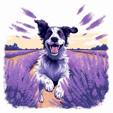 Dog jumping in Lavender farm field cute, vector art, solid white background clipart style