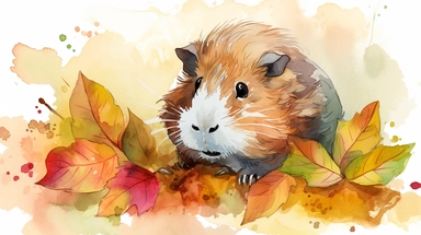 A delightful clip art image showcasing a Guinea pig joyfully playing amidst a vibrant pile of autumn leaves. The clip art style adds a playful and whimsical touch to the artwork, while the watercolor elements bring out the rich colors and textures of the leaves, creating a harmonious and lively composition, Clip art, watercolor elements,