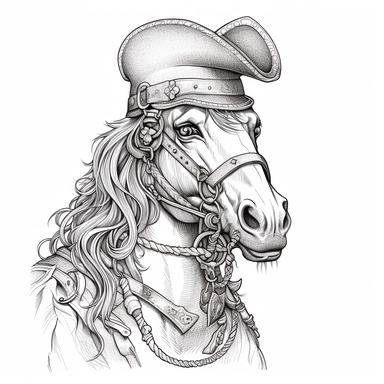 pirate horse with a scarred cheek in the art style of volk clip book hand drawn line work low detail colouring book