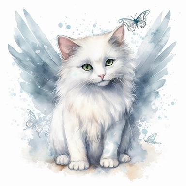 a Angel Cat watercolor Clipart sublimation clipart graphic, full body, clipart, sticker, a single picture, cartoon style, highly detailed, 8k, one image in the frame--no text in the picture--