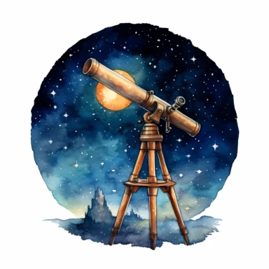 a telescope looking at the night sky simple watercolor drawing for children book clipart, white background, watercolor sophisticated drawing