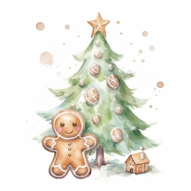 a watercolor nursery gingerbread tree cookie illustration clipart, clean background, white background, isolated on white