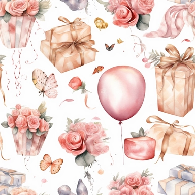 Adult collection on white with margins of birthday icon birthday cake, set of balloons, hearts, flowers, presents, watercolor, vector, clipart, elaborate, ultra - detailed, soft colors, rose gold and pink high definition, UHD