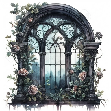 Gothic window with perfect roses and vines Clipart - Dark fantasy Watercolor skizze, baroque era, close up, white background, watercolor, hyperrealism, high detail, isolated elements