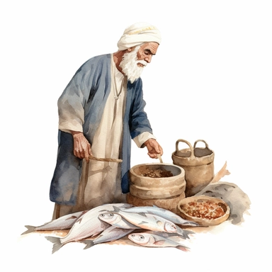 an old man selling fish in the market, ancient egipht, clipart, watercolor, no lettering, no image noise, white background