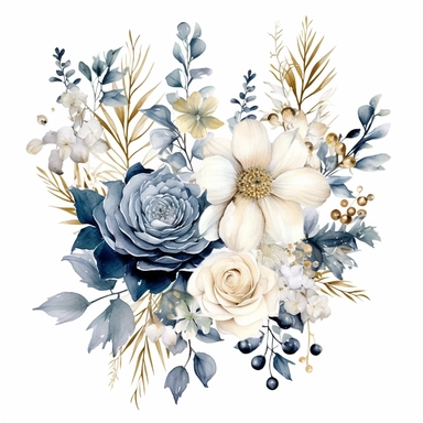 A Watercolor Winter Classic blue, white rose, white hydrangea, ranunculus, anemone, thistle flowers, greenery and eucalyptus, juniper, gold tropical leaves vector bouquets Clipart in PNG format, with a white background and easy to cut out