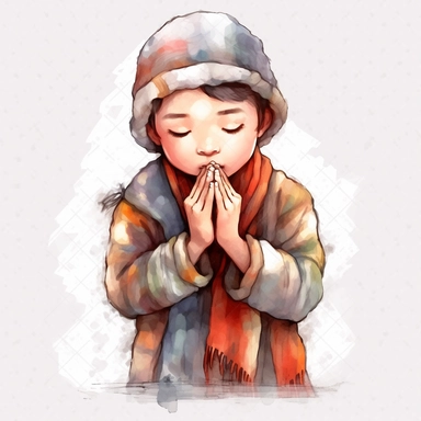 Watercolor Prayer Prayer Hand. png Full body realistic cartoon 32k UHD cute. 15 cm thick outline. Black color. There was no shadow on the ground. with realistic watercolors and detailed illustrations. Cartoon, PNG clipart, transparent white background