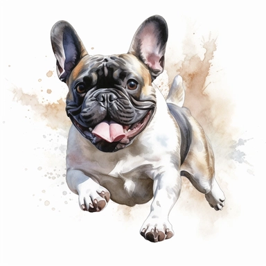 french bulldog running, watercolor illustration, clipart, full body, hyper-realistic animal illustration, childlike, free brushwork, white background