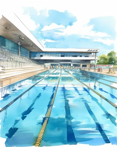 detailed watercolor olympic swimming pool , wide angle, long shot, realistic, isolated on white background, clipart