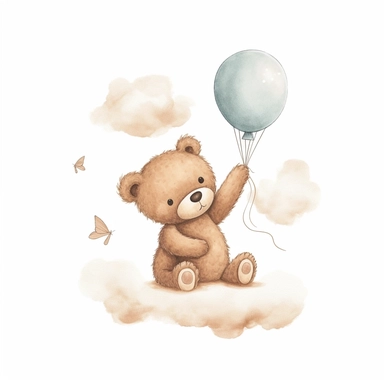Boho teddy bear clipart for a nursery, light brown tone for a boy, floating past a cloud, solid white background