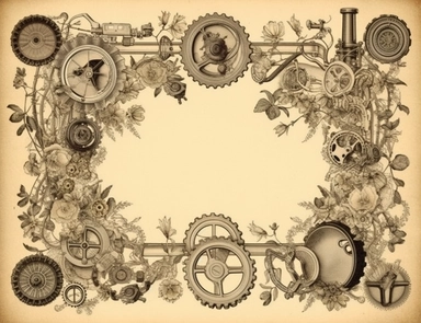 blank ephemera paper page with ornate border illustrations vintage steampunk elemets, gears and engines pencil sketch , greeting card design, old botanical books style drawing, vintage, distressed textures, muted colors, craft paper texture, handwriting lines in background, pen and ink on paper with watercolor washes Watercolor, vector, white background, rice paper texture, clipart, flat illustration, outlined , Vector, 4K, Art station, digital print, highly detailed clean, detailed illustration