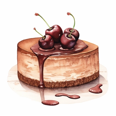 This highly detailed watercolor clipart features a decadent, full chocolate cheesecake adorned with succulent cherries, set against a pristine white background. The artwork showcases the intricacy of the dessert, capturing the richness of the chocolate and the velvety texture of the cheesecake. The graham cracker crust is meticulously painted, providing a sturdy and delicious base. Plump cherries are artfully arranged on top, their deep red color and glossy sheen adding a pop of vibrancy. Agains