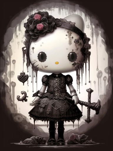 hello kitty gothic cartoon clipart watercolor line art illlustration 3d 32k hd